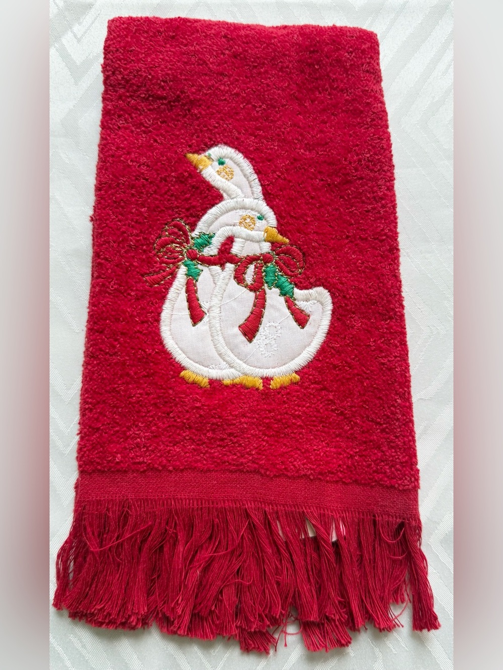 Vintage Red Embroidered Duck Hand Towel Christmas Goose Bow